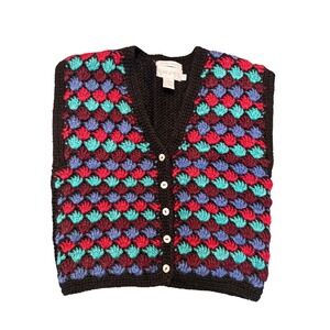 Handmade Crochet Sweater Vest Vintage Knit Colorful Button Front Size S  Multi